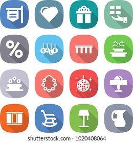 flat vector icon set - shop signboard vector, heart, gift, percent, sale, bridge, fountain, flower bed, hawaiian wreath, disco ball, restaurant, wardrobe, rocking chair, floor lamp, jug
