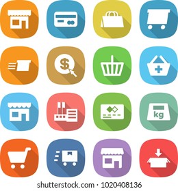 flat vector icon set - shop vector, card, shopping bag, delivery, dollar arrow, basket, add to, store, credit, heavy, cart, fast deliver, package