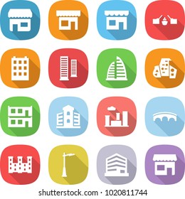 flat vector icon set - shop vector, drawbridge, building, skyscrapers, skyscraper, modern architecture, modular house, city, bridge, palace, outdoor light, office