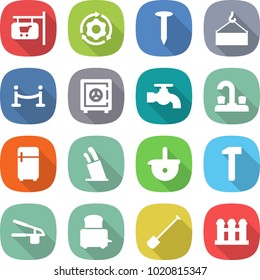 flat vector icon set - shop signboard vector, around gear, nail, loading crane, vip fence, safe, water tap, fridge, stands for knives, ladle, hammer, garlic clasp, toaster, shovel, grain elevator
