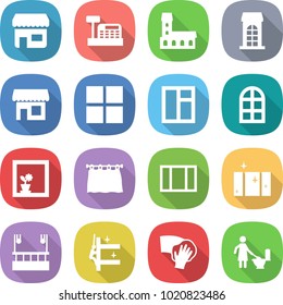 flat vector icon set - shop vector, cashbox, mansion, building, window, arch, flower in, curtain, clean, skysrcapers cleaning, skyscrapers, wiping, toilet