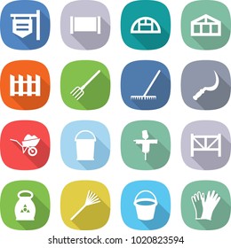 flat vector icon set - shop signboard vector, fence, greenhouse, fork, rake, sickle, wheelbarrow, bucket, scarecrow, farm, fertilizer, gloves