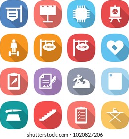 flat vector icon set - shop signboard vector, billboard, chip, presentation, hoverboard, store, pacemaker, clipboard pen, inventory, surfer, cutting board, stairs, list, iron