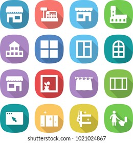 flat vector icon set - shop vector, cashbox, mansion, cottage, window, arch, flower in, curtain, browser, clean, skyscrapers cleaning, toilet