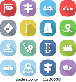 flat vector icon set - shop signboard vector, singlepost, bridge, drawbridge, under construction, outdoor light, road, geo pin, map, route, traffic, train, bus, signpost, sweeper
