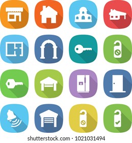flat vector icon set - shop vector, home, mansion, house with garage, plan, arch, key, do not distrub, fridge, door, bell, please clean