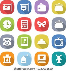 flat vector icon set - shop signboard vector, wallet, purse, clock, abacus, bow, phone, photo, service bell, tv, fireplace, hand mill, cooking book, windmill