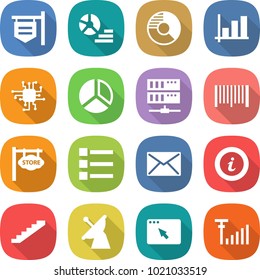 flat vector icon set - shop signboard vector, diagram, circle, graph, chip, server, bar code, store, list, mail, info, stairs, satellite antenna, browser window, signal