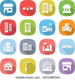 flat vector icon set - shop vector, drawbridge, houses, goverment house, skyscrapers, skyscraper, mall, modern architecture, building, district, city, bridge, outdoor light, office