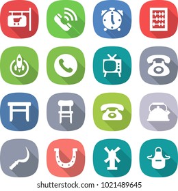 flat vector icon set - shop signboard vector, call, alarm clock, abacus, rocket, phone, tv, stool, chair, kettle, sickle, horseshoe, windmill, apron