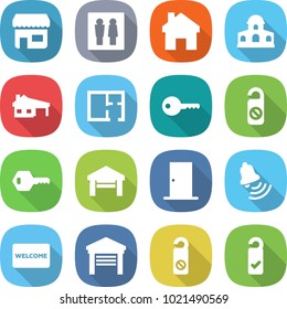 flat vector icon set - shop vector, wc, home, mansion, house with garage, plan, key, do not distrub, door, bell, welcome mat, please clean