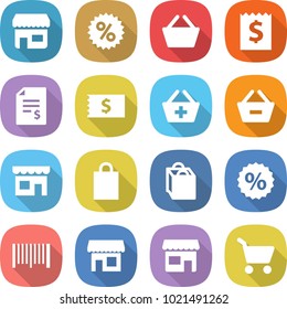 flat vector icon set - shop vector, percent, basket, receipt, account balance, add to, remove from, shopping bag, bar code, cart