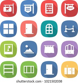 flat vector icon set - shop signboard vector, abacus, window, door, arch, vip fence, photo, landscape, curtain, dresser, rack, clean