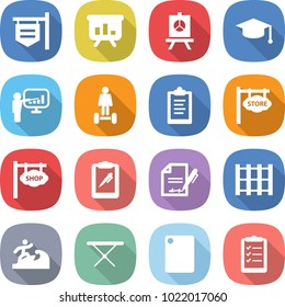 flat vector icon set - shop signboard vector, presentation, graduate hat, hoverboard, clipboard, store, pen, inventory, pallet, surfer, iron board, cutting, list