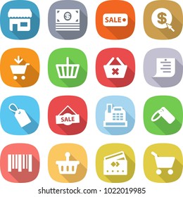 flat vector icon set - shop vector, money, sale, dollar arrow, add to cart, basket, delete, shopping list, label, cashbox, bar code, credit card