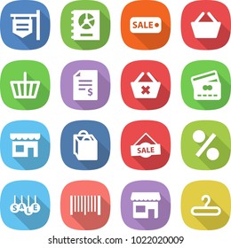 flat vector icon set - shop signboard vector, annual report, sale, basket, account balance, delete cart, credit card, shopping bag, percent, bar code, hanger