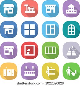 flat vector icon set - shop vector, cashbox, cottage, window, arch, flower in, clean floor, skysrcapers cleaning, skyscrapers, toilet