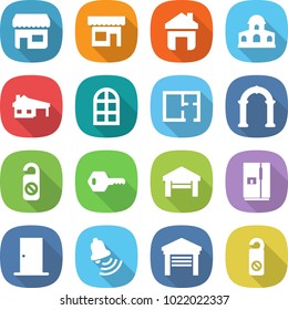 flat vector icon set - shop vector, home, mansion, house with garage, arch window, plan, do not distrub, key, fridge, door, bell