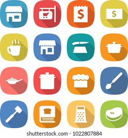 flat vector icon set - shop vector, signboard, receipt, hot drink, cutting board, pan, chief hat, big spoon, meat hammer, cooking book, grater, steake