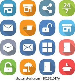 flat vector icon set - shop vector, share, 24 7, mail, delivery, unlock, box, window, door, insurance, package