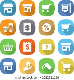 flat vector icon set - shop vector, cart, signboard, coin stack, receipt, percent, basket, real estate, label