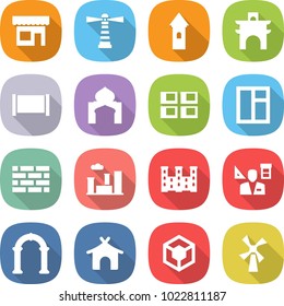 flat vector icon set - shop vector, lighthouse, tower, arch, fence, minaret, panel house, window, brick wall, city, palace, architector, bungalow, 3d, windmill