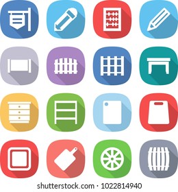 flat vector icon set - shop signboard vector, pencil, abacus, fence, pallet, table, chest of drawers, rack, cutting board, wheel, barrel