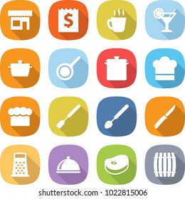 flat vector icon set - shop vector, receipt, hot drink, cocktail, pan, cook hat, chief, spatula, big spoon, knife, grater, meal cap, steake, barrel