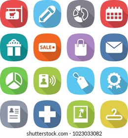 flat vector icon set - shop signboard vector, pencil, circle diagram, calendar, gift, sale, shopping bag, mail, pass card, label, medal, anamnesis, cross, photo, hanger