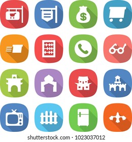 flat vector icon set - shop signboard vector, money bag, delivery, abacus, phone, pacemaker, arch, minaret, Japanese house, fort, tv, fence, fridge, hard reach place cleaning