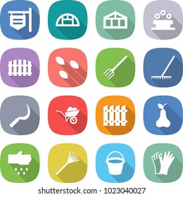 flat vector icon set - shop signboard vector, greenhouse, flower bed, fence, seeds, fork, rake, sickle, wheelbarrow, pear, sow, bucket, gloves