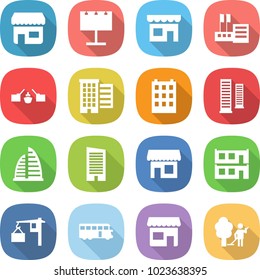 flat vector icon set - shop vector, billboard, store, drawbridge, houses, building, skyscrapers, skyscraper, modular house, loading, bus, garden cleaning