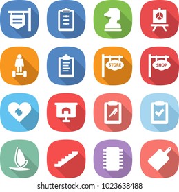 flat vector icon set - shop signboard vector, clipboard, chess horse, presentation, hoverboard, store, pacemaker, pen, check, windsurfing, stairs, chip, cutting board