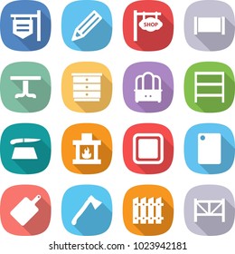 flat vector icon set - shop signboard vector, pencil, fence, table, chest of drawers, dresser, rack, cutting board, fireplace, axe, farm