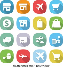 flat vector icon set - shop vector, plane, cart, dollar coin, shopping bag, delivery, atm receipt, journey, mall, port, airplane