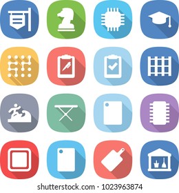 flat vector icon set - shop signboard vector, chess horse, chip, graduate hat, clipboard pen, check, pallet, surfer, iron board, cutting, utility room
