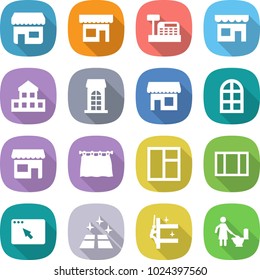 flat vector icon set - shop vector, cashbox, cottage, building, arch window, curtain, browser, clean floor, skyscrapers cleaning, toilet