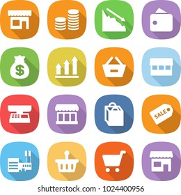 flat vector icon set - shop vector, coin stack, crisis, wallet, money bag, graph up, remove from basket, market, scales, shopping, sale label, mall, cart
