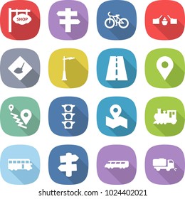flat vector icon set - shop signboard vector, singlepost, bike, drawbridge, under construction, outdoor light, road, geo pin, route, traffic, map, train, bus, signpost, speed, sweeper