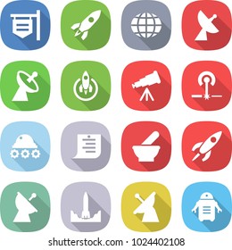 flat vector icon set - shop signboard vector, rocket, globe, satellite antenna, telescope, laser, lunar rover, shopping list, mortar, start, robot