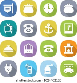 flat vector icon set - shop signboard vector, purse, clock, tv, phone, anchor, photo, service bell, dresser, fireplace, plug, mobile, hand mill, car wash