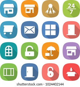 flat vector icon set - shop vector, share, 24 7, delivery, mail, window, door, arch, unlock, insurance, package