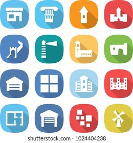 flat vector icon set - shop vector, column, tower, castle, greate wall, lighthouse, church, slum, garage, window, building, palace, plan, blocks, windmill