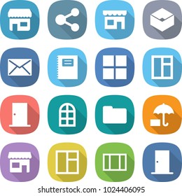 flat vector icon set - shop vector, share, box, mail, copybook, window, door, arch, documents, insurance