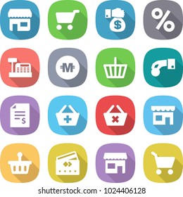 flat vector icon set - shop vector, cart, money gift, percent, cashbox, crypto currency, basket, hand coin, account balance, add to, delete, credit card