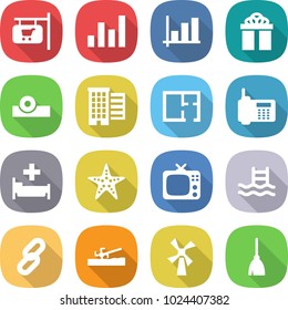 flat vector icon set - shop signboard vector, graph, gift, head reflector, houses, plan, phone, hospital, starfish, tv, pool, link, soil cutter, windmill, broom