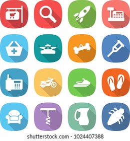 flat vector icon set - shop signboard vector, magnifier, rocket, cashbox, add to basket, scales, bone, crutch, phone, motorcycle, jet ski, flip flops, armchair, corkscrew, jug, bug