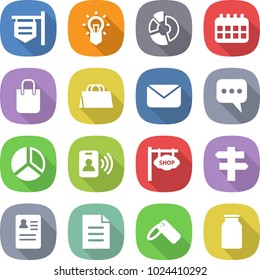 flat vector icon set - shop signboard vector, bulb, circle diagram, calendar, shopping bag, mail, message, pass card, singlepost, anamnesis, document, label, bank