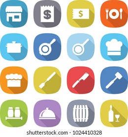 flat vector icon set - shop vector, receipt, cafe, pan, cook hat, chief, spatula, chef knife, meat hammer, salt pepper, meal cap, barrel, wine