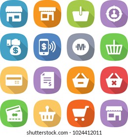 flat vector icon set - shop vector, basket, target audience, money gift, phone pay, crypto currency, credit card, account balance, remove from, delete cart